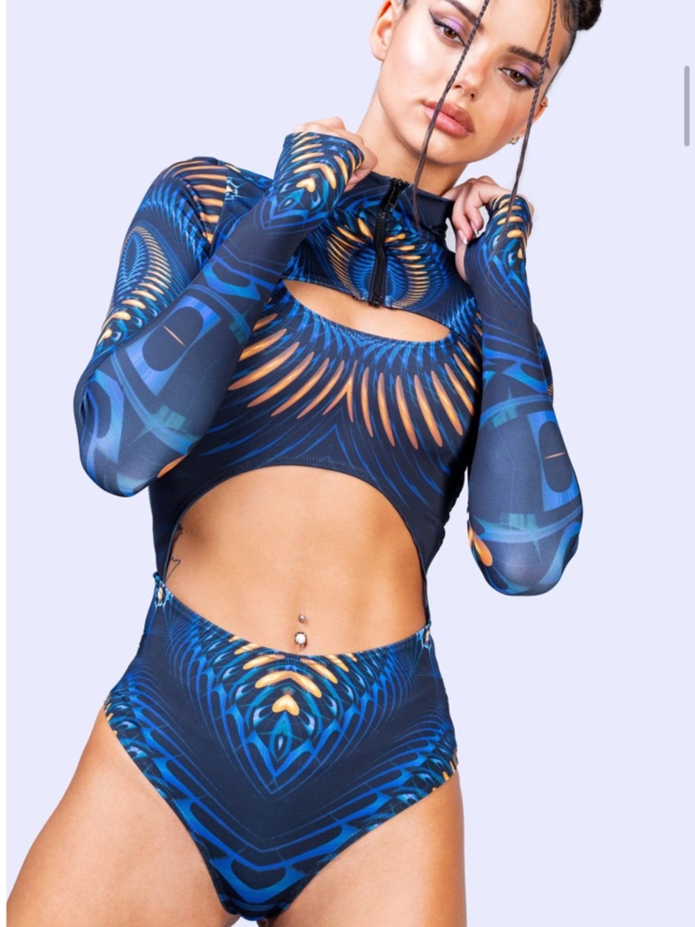 Badinka Nara Shrug Bodysuit - Blue Graphic Cutout Long-Sleeve